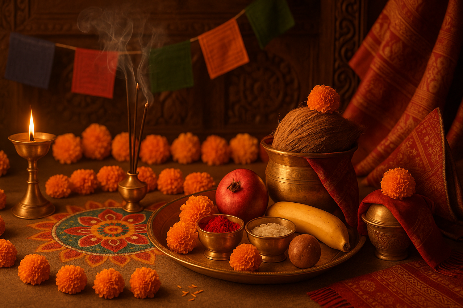Traditional Nepali puja ceremony banner with diyas, flowers, and offerings